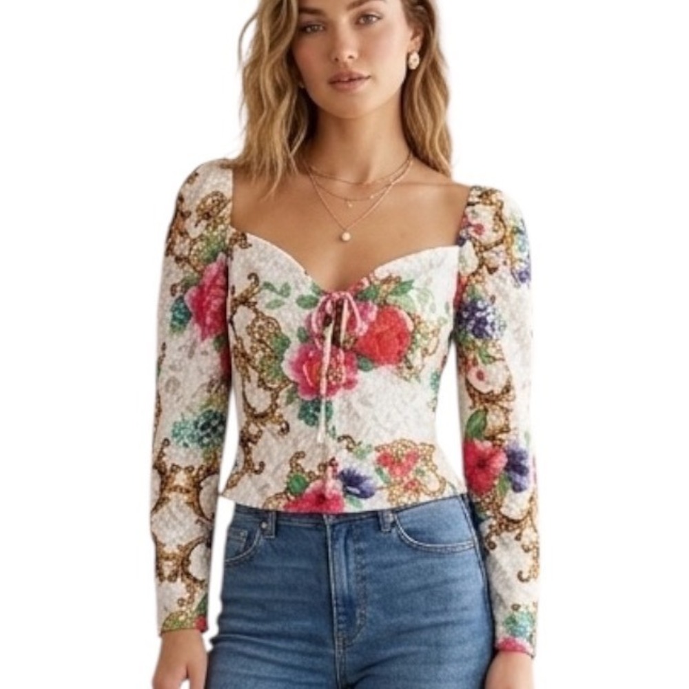 Venus Floral‎ Baroque Lace Puff Sleeve Sweetheart Top Coquette Cottagecore Small